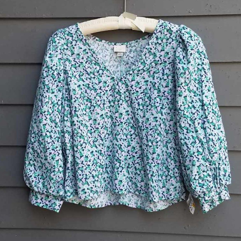 A New Day Puff Sleeves Green Navy White Print Top Size Small